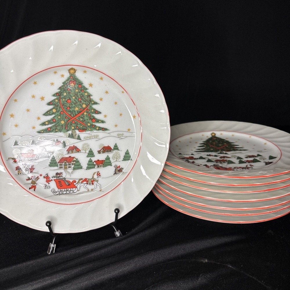 Vintage Kopin Christmas Pleasure Scalloped‎ Porcelain Salad Plate 8" Set Of 8